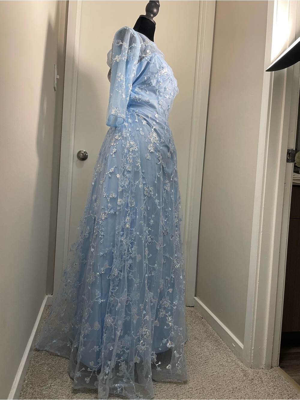 Powder Blue Floral Lace Maxi Gown sparkly